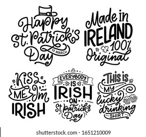 Set with St. Patrick's Day quotes, typography greeting cards template. Lettering slogans for print, t-shirt, festive design element. Vector illustration