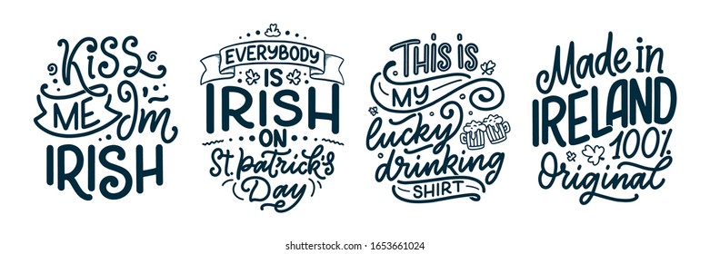 Set with St. Patrick's Day quotes, typography greeting cards template. Lettering slogans for print, t-shirt, festive design element. Vector illustration