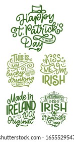 Set with St. Patrick's Day quotes, typography greeting cards template. Lettering slogans for print, t-shirt, festive design element. Vector illustration