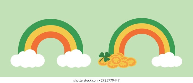 Set of St. Patrick's day rainbows and gold coins flat vector illustration.
Cute Saint Patricks day element clipart. 
White background.
