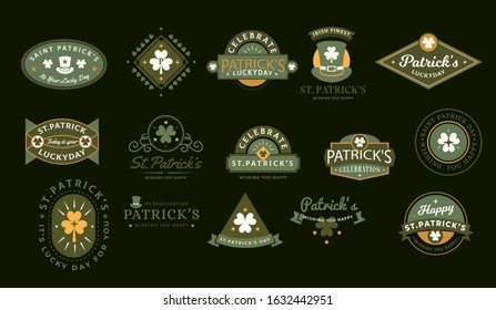 Set of St. Patricks Day Retro Holiday Badges, labels & sticker design collection. Vector Greetings Design. Saint Patricks Day Background. Happy Saint Patricks Day.