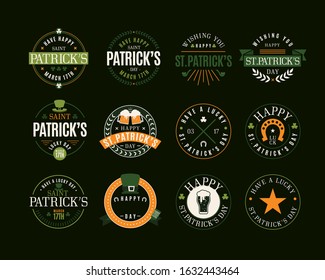 Set of St. Patricks Day Retro Holiday Badges, labels & sticker design collection. Vector Greetings Design. Saint Patricks Day Background. Happy Saint Patricks Day.