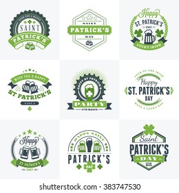 Set of St. Patricks Day Retro Holiday Badges. Vector Greetings Card Design. Saint Patricks Day Background. Happy Saint Patricks Day