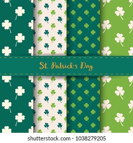 Set of St. Patrick's Day Seamless Patterns with Clover and shamrock in Green and White color. For wallpapers, pattern fills, web backgrounds, greeting cards, wrapping paper.