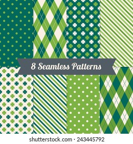 Set of St. Patrick's Day Seamless Patterns with Polka Dot, Argyle, Diagonal Stripes and Clover in Green, Dark Green and White. Perfect for wallpapers, pattern fills, web backgrounds, greeting cards