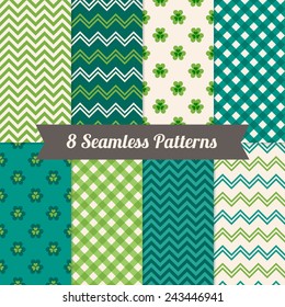 Set of St. Patrick's Day Seamless Patterns with Clover, Chevron and Gingham in Green, Dark Green and White. Perfect for wallpapers, pattern fills, web backgrounds, St. Patrick's Day greeting cards 