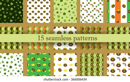 Set of St. Patrick's Day Seamless Patterns with Polka Dot, Argyle, Diagonal Stripes and Clover in Green, Dark Green and White. Perfect for wallpapers, pattern fills, web backgrounds, greeting cards 