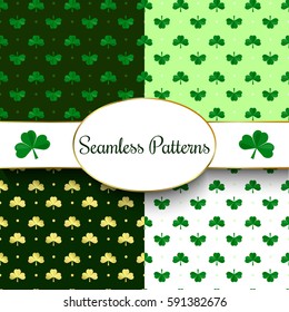 Set of St. Patrick's Day Seamless Patterns with Polka Dot, and Clover in Green, Dark Green and White gold clover. Perfect for wallpapers, pattern fills, web backgrounds, greeting cards