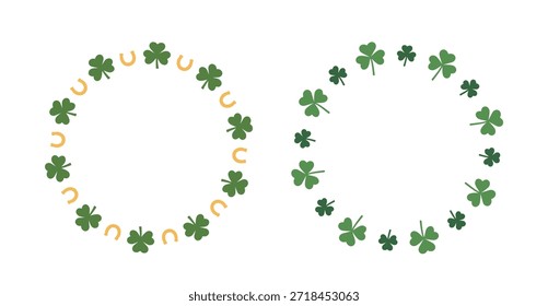 Conjunto de trébol del día de San Patricio y Clipart de marco de corona de herradura.
Trébol del día de San Patricio Diseño de Ilustración vectorial plana de corona.
Fondo transparente.