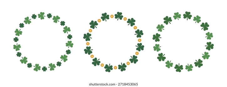 Conjunto de trébol del día de San Patricio y monedas de oro Clipart del marco de la corona.
Trébol del día de San Patricio Diseño de Ilustración vectorial plana de corona.
El fondo blanco.