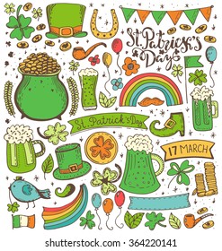 Set of St. Patrick's Day sketch elements. Hand drawn vector  illustration on white background.