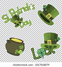 Set of St. Patrick's day stickers. Inscription to St. Patrick's day with a four leaf clover and green. Made by trace from sketch. Luck word with a four leaf clover for t-shirts and cards