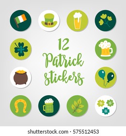 Set of St. Patrick's Day stickers. Irish flag, leprechaun hat, beer, branch, clover, pot of gold, balloons, horseshoe, leaves. Perfect for scrapbooking, invitations, labels