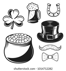 Set of St. Patrick's Day symbols in monochrome style. Vector illustration on white background
