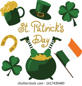 Set of St. Patrick's Day symbols. Vector illustration. Gnome ducked in a pot of gold, flag, horseshoe, beer, hat, clover.