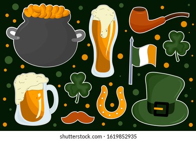 Set of St. Patrick's Day symbols cute illustrations. Postcard design concept