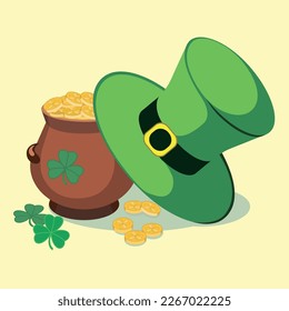 A set of St. Patrick's Day symbols. A pot of coins. Green Hat.Vector illustration