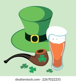 A set of St. Patrick's Day symbols. A pot of coins. Green Hat Vector illustration
