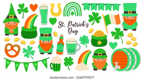 Set of St. Patricks Day symbols. Collection of elements clover, leprechaun hat, pot of gold coin, green beer.