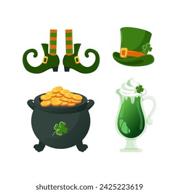 Set of St. Patricks Day symbols. Leprechaun top hat, gold cauldron, vintage shoes with buckles, feet in striped stockings. Green beer. Four leaf clover. good luck. Magic, religious traditions