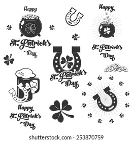 Set of St. Patrick's Day symbols. Vector monochrome scalable illustration for design.