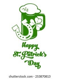 Set of St. Patrick's Day symbols. Horseshoe beer and shamrock clover. Vector monochrome scalable illustration for design.