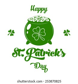 Set of St. Patrick's Day symbols.  Pot with gold coins. Vector monochrome scalable illustration for design.