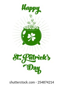 Set of St. Patrick's Day symbols.  Pot with gold coins. Vector monochrome scalable illustration for design.