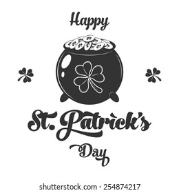 Set of St. Patrick's Day symbols. Pot with gold coins. Vector monochrome scalable illustration for design.