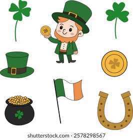 Set of St Patricks Day symbols, lucky leprechaun, Irish flag, gold coin, green hat, and four leaf clovers for branding, marketing, design.