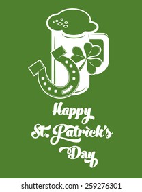 Set of St. Patrick's Day symbols. Horseshoe beer and shamrock clover. Vector monochrome scalable illustration for design.