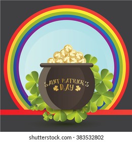 Set of St. Patrick's Day symbols in trendy flat style. Pot of gold witn rainbow frame. Tradition colors with modern gradient. Vector illustration can be used in web banner or poster. Cartoon style.