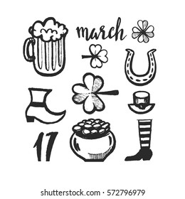 Set of St. Patrick's Day symbols. Hand drawn vector illustration, greeting card, design, logo.
