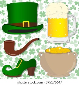 Set of St. Patrick's Day symbols on clover background