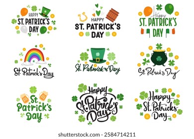 set of st. patrick's day text calligraphy with patricks day elements