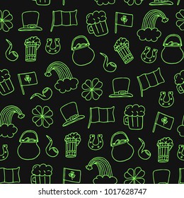 Set the St. Patrick's day vector illustration. Beer, clover leaf, rainbow, horseshoe, gold pot, Irish flag, smoking pipe, hat. 