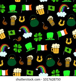 Set the St. Patrick's day vector illustration. Beer, clover leaf, rainbow, horseshoe, gold pot, Irish flag, smoking pipe, hat. 