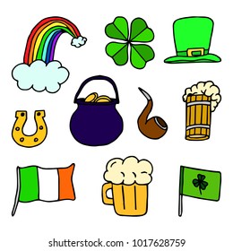 Set the St. Patrick's day vector illustration. Beer, clover leaf, rainbow, horseshoe, gold pot, Irish flag, smoking pipe, hat. 