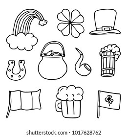 Set the St. Patrick's day vector illustration. Beer, clover leaf, rainbow, horseshoe, gold pot, Irish flag, smoking pipe, hat. 