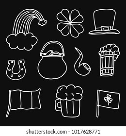 Set the St. Patrick's day vector illustration. Beer, clover leaf, rainbow, horseshoe, gold pot, Irish flag, smoking pipe, hat. 
