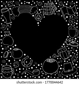  Set with a set for St. Patrick's day. Vector isolated illustration with a pot of gold.Smoking pipe, beer mug, horseshoe, rainbow, clover, flag, shoes on a black background. St. Patrick's day. 