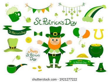 Set of St. Patrick's Day vector design elements with clover, leprechaun, pot of gold, beer mug, St. Patrick's Day inscriptions, green hat, isolated elements on a white background