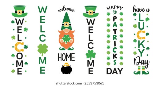 Set of St Patricks Day vertical porch signs. Vector illustration for decoration door, background, posters, and other designs. Irish holiday welcoming greeting