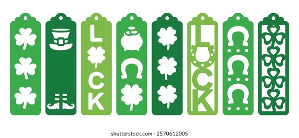 Set of St Patricks Day vertical bookmarks. Laser cut template. Decorative bookmark stencil for paper, wood and metal cutting. Vector design for traditional Irish holiday