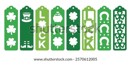 Set of St Patricks Day vertical bookmarks. Laser cut template. Decorative bookmark stencil for paper, wood and metal cutting. Vector design for traditional Irish holiday