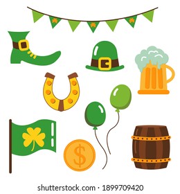 Set for St. Patrick's Day. White background, isolate. Flag, horseshoe, hat, balloons, coin,  beer, boot.