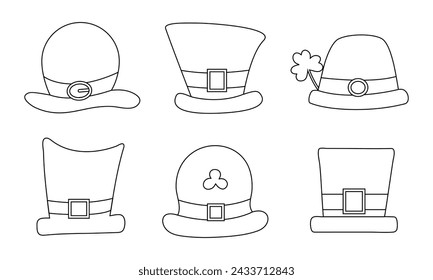 Set of St. Patrick's hats drawn in one line for coloring book. Coloring page for children on St. Patrick's Day.