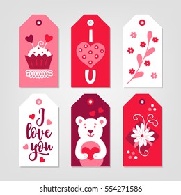 Set of St. Valentine's Day Gift Tags with cupcake, branch, teddy and gift in White, Pink and Red. Perfect for holiday greetings and wedding