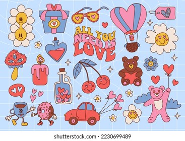 Set of St Valentine's day groovy retro cartoon cliparts for postcards, invitations. 14 of February hippie fun elements in 70s style. Vector hand drawn illustration collection.