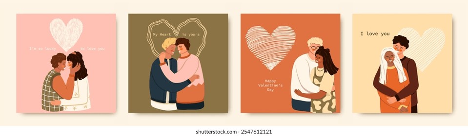 Set of St. Valentine's Day postcards or posters. Minimalistic Bauhaus style. Vector illustrations.